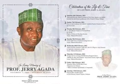 BURIAL PROGRAMME FOR LATE PROF. JERRY AGADA RELEASED